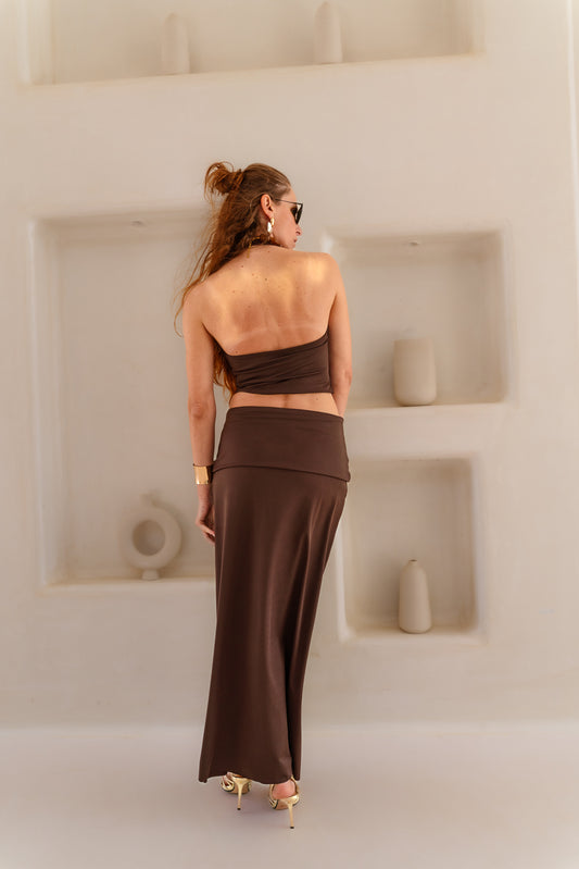 Fold Over Waistband Skirt - Brown